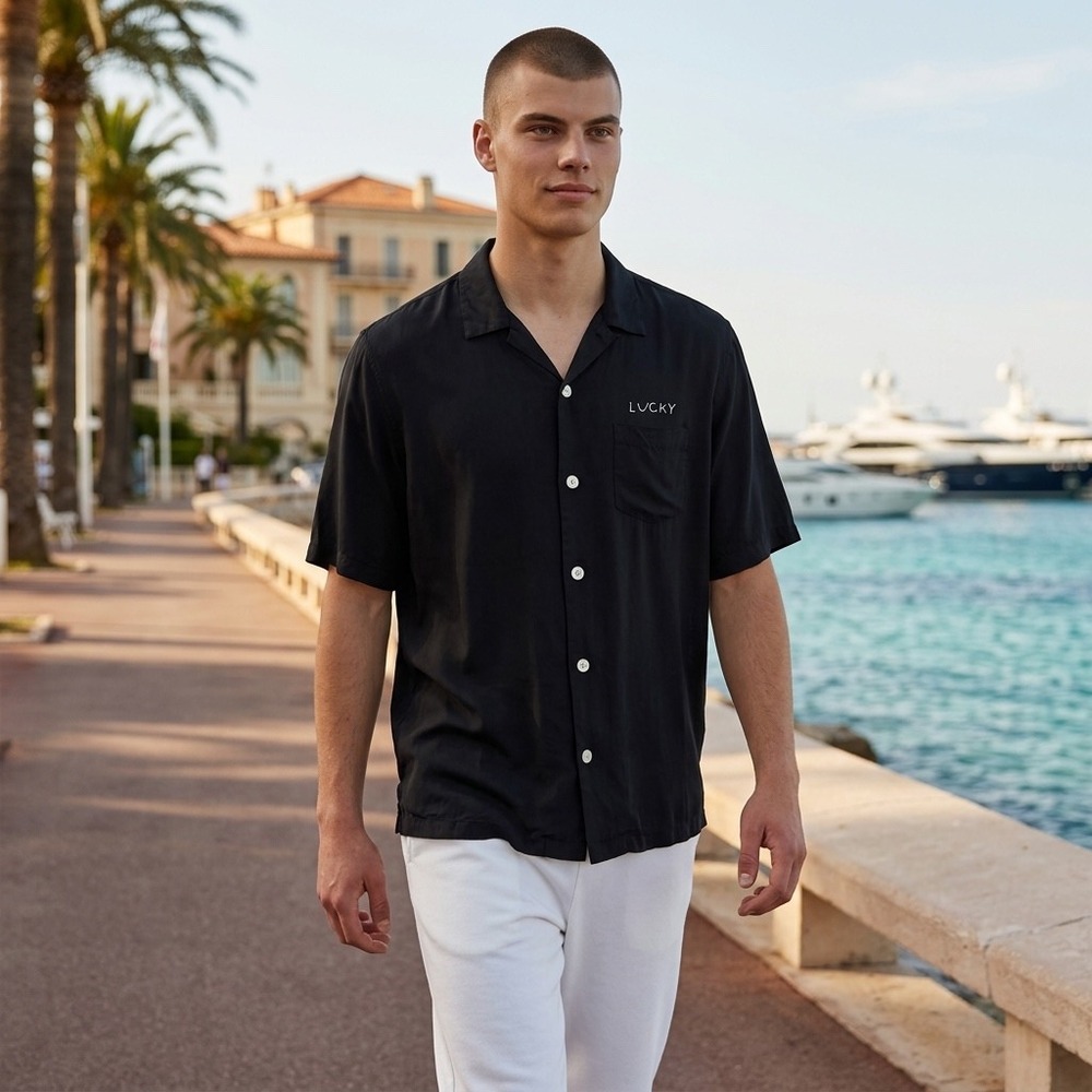 AllSaints Mens Lucky Embroidered Viscose Camp Collar Shirt Black Small AS336991R